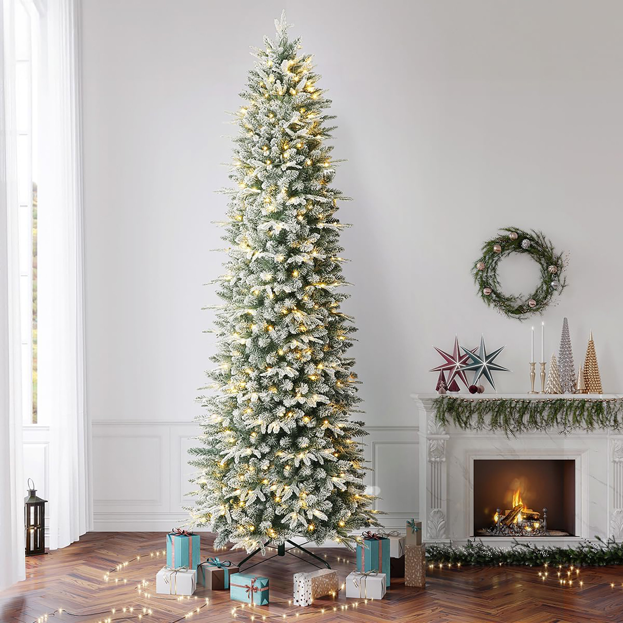 6FT Pre-Lit Snow Flocked Slim selling Pencil Christmas Tree Holiday Decor